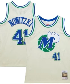Dirk Nowitzki Dallas Mavericks Chainstitch Swingman Tendance Jersey Cream