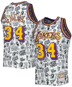Shaquille O'Neal Los Angeles Exquisite Lakers 1996/97 Hardwood Classics Doodle Swingman Jersey White
